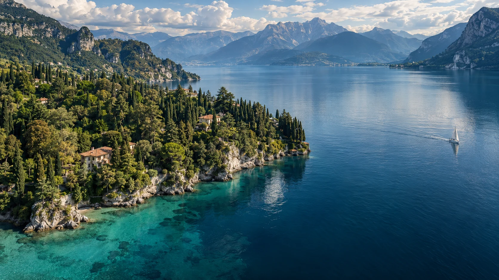 Scena aerea illustrativa di un lago alpino, generata per la dimostrazione del colore