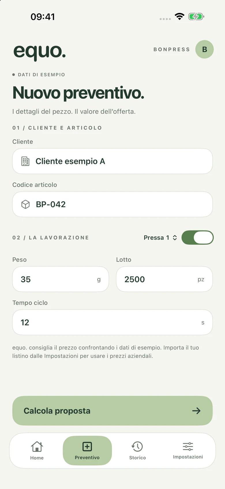 equo.: preparazione di un preventivo con dati di esempio