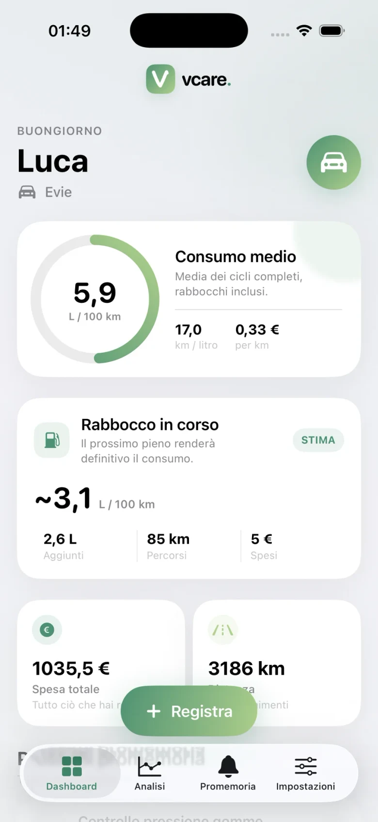 vcare.: riepilogo di consumi, rifornimenti e costi dell'auto