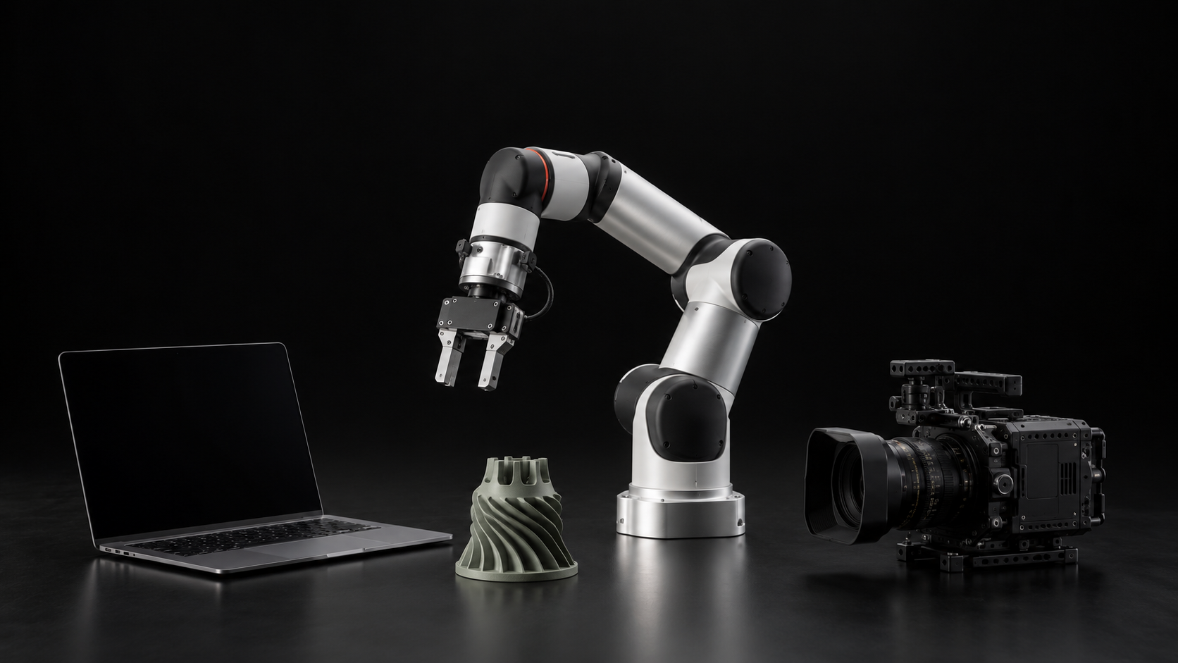 Robot industriale, prototipo stampato in 3D, computer e camera cinematografica