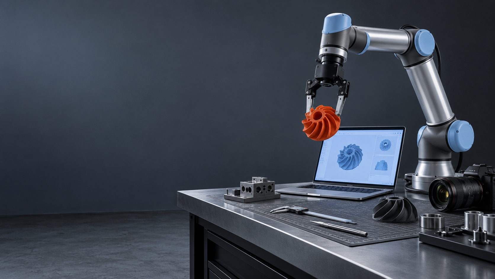 Banco di progettazione con robot, prototipo, computer e fotocamera