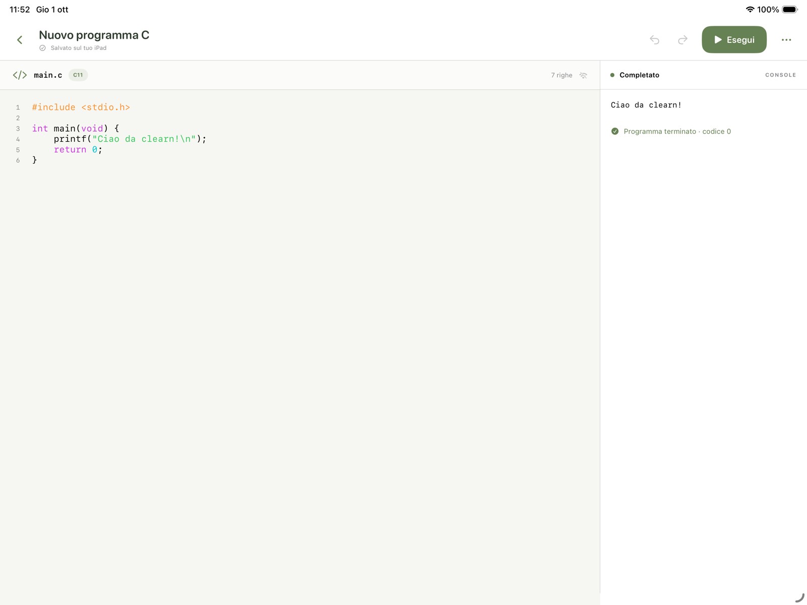 Programma C modificabile in clearn. e risultato Ciao da clearn! nella console