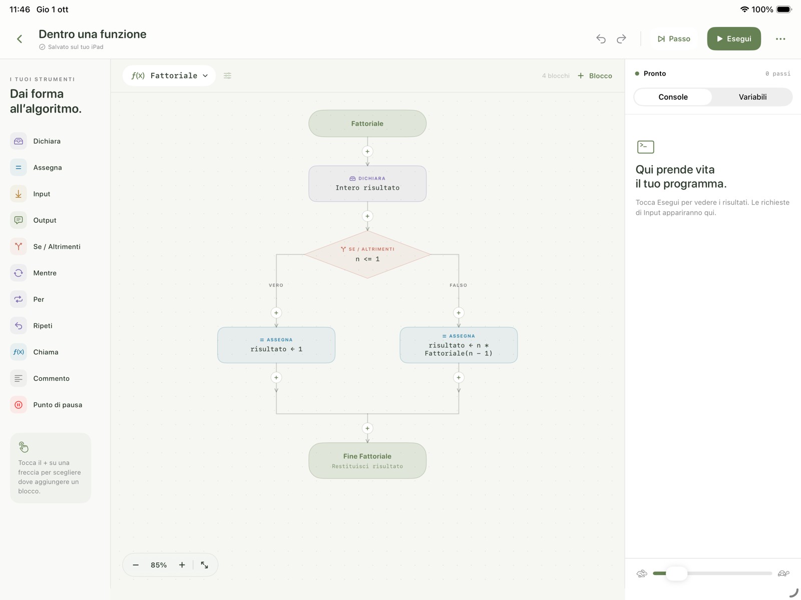 Editor clearn. su iPad: diagramma della funzione fattoriale, blocchi e console