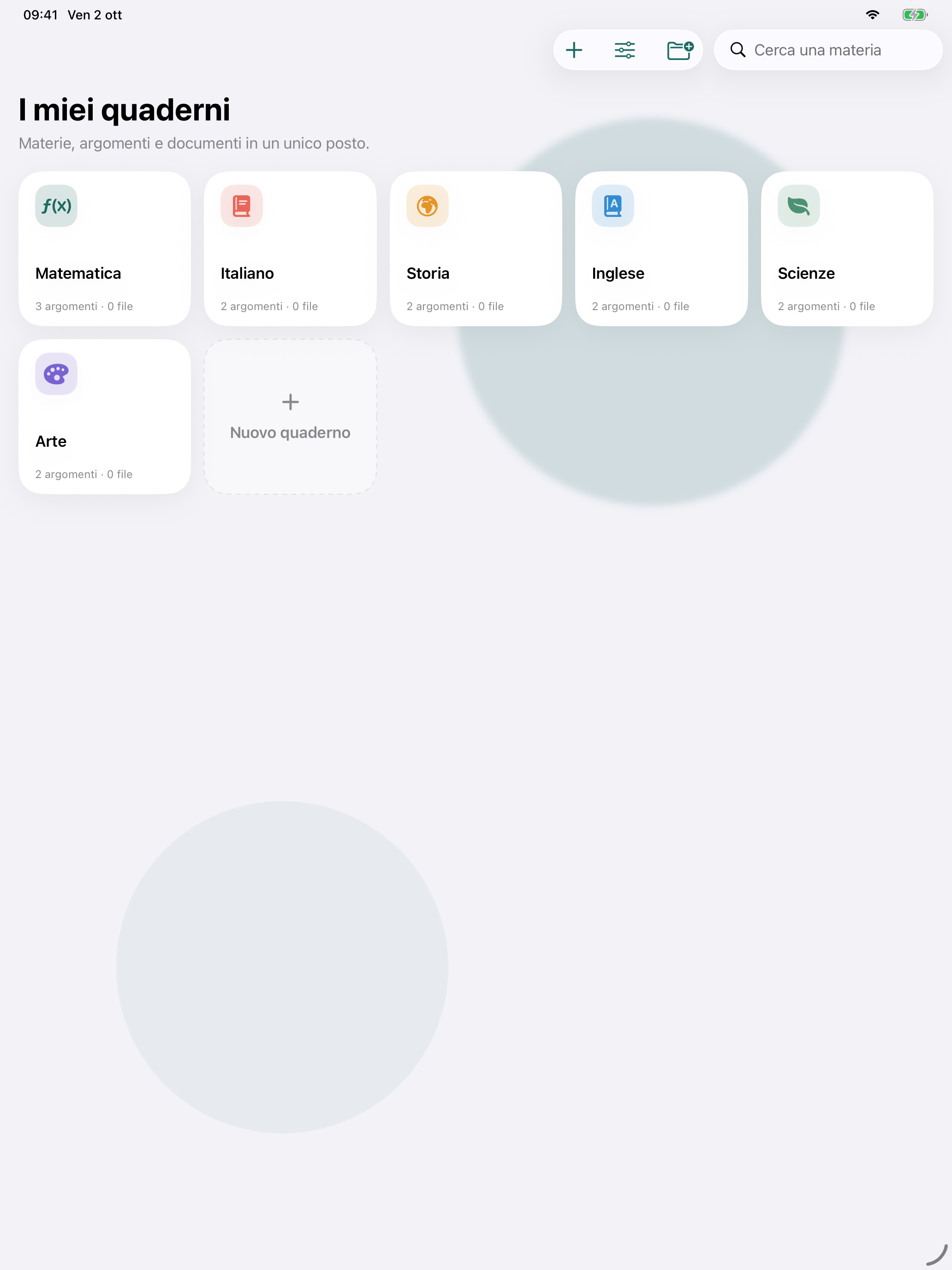 fileplus. su iPad con quaderni dimostrativi suddivisi per materia